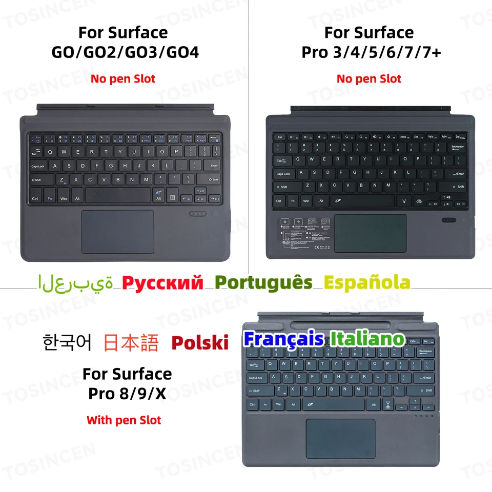 7 RGB podsvietená trackpad Wireless Teclado Klávesnica pre Microsoft Surface Pro 9/8/X pre Surface Pro 3 4 5 6 7 Go 1 2 3 Klávesnica