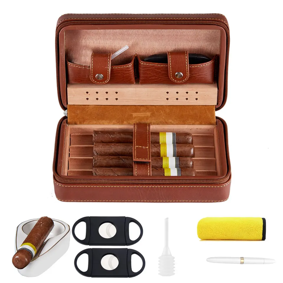 7 v 1 cigarietský príslušenský súbor Hnedá koža Cedarwood Cigar Box Prenosná cestovná cestovná cigaru