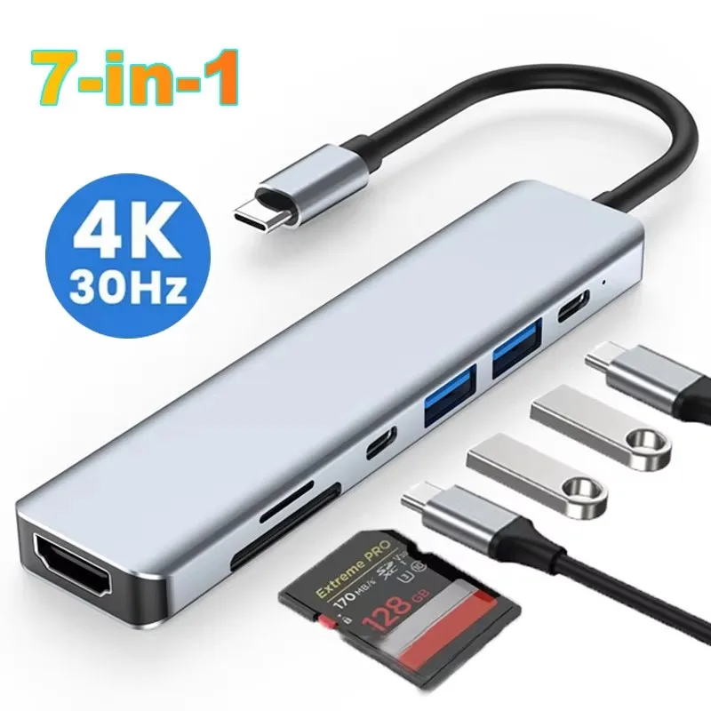 7-v-1 USB C dokovacia stanica 4K HDMI-kompatibilný adaptér USB 3.0 Typ C do HDMI PD 87W USB C Splitter pre notebook MacBook Pro