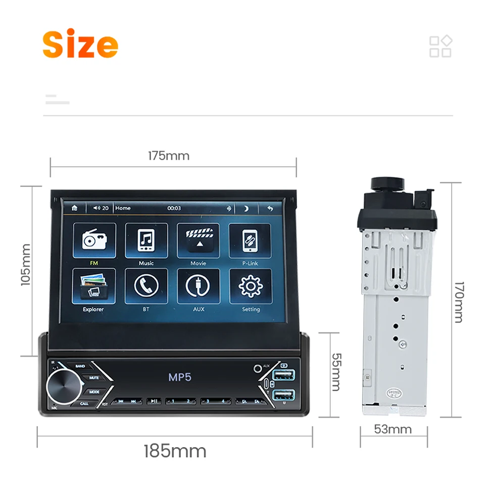 7 '' Vytiahnuteľný univerzálny automobil Rádio 1Din multimediálny hráč Bluetooth Mirror Link FM prijímač pre Volkswagen Nissan Toyota Ford