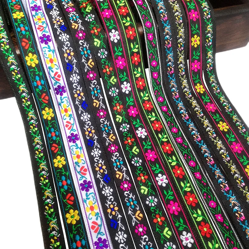 7 yardov 12 mm 0,5 '' Flower Jacquard Webbing Ribbon Etnicko vyšívané čipkované čipky DIY odevné závesy šijacie príslušenstvo Farbické