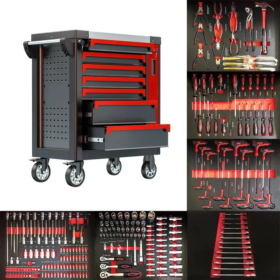 7 zásuviek Garážové úložisko 200-421pcs Sets Sets Box Hrudník Workshop Trolley Cabinet pre automatické opravy náradie Balenie Domov