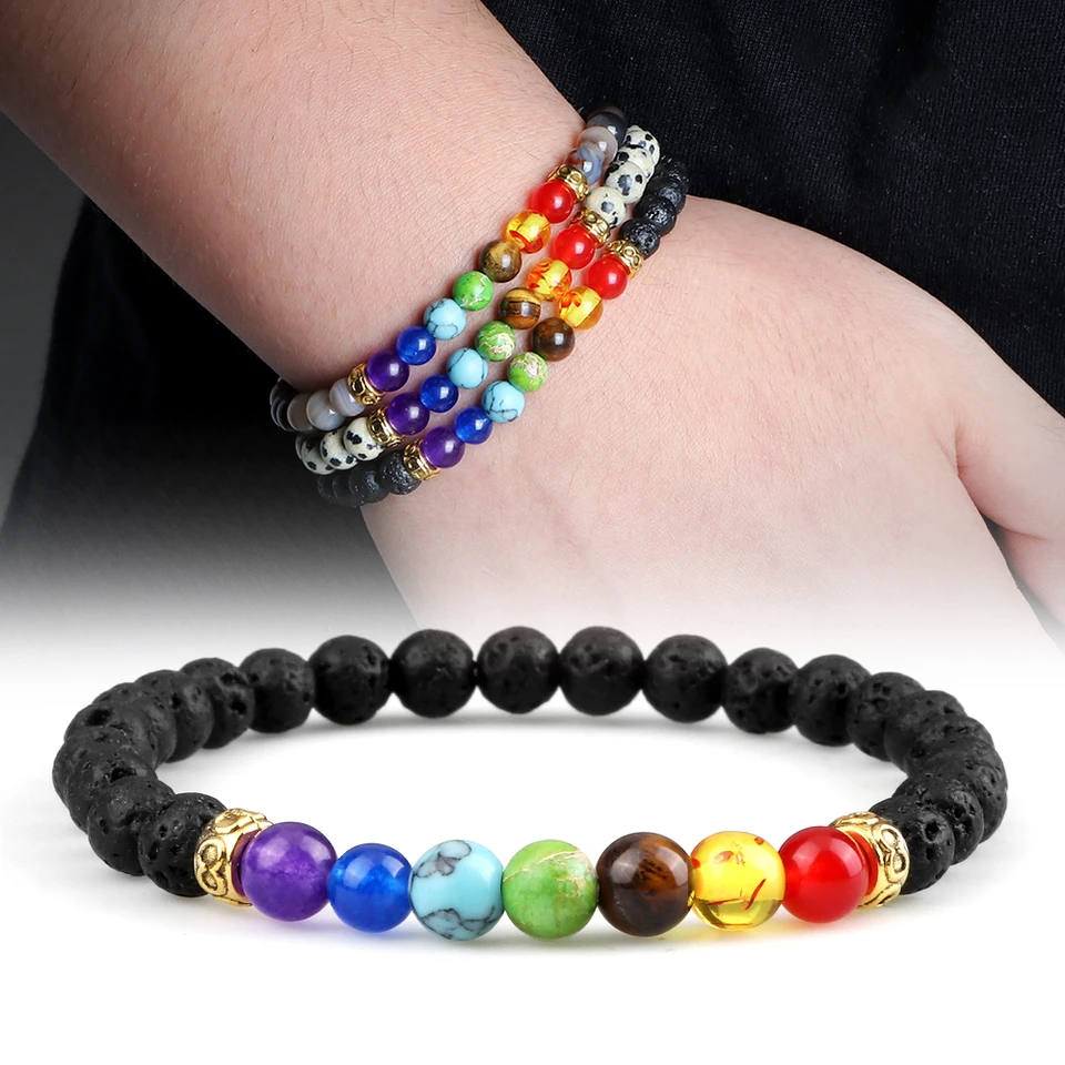 7 Čakra reiki korálky náramok 6 mm prírodné tigerové očné kamenné agáty láva skalné náramky náramky vyváženia hojenia pre ženy