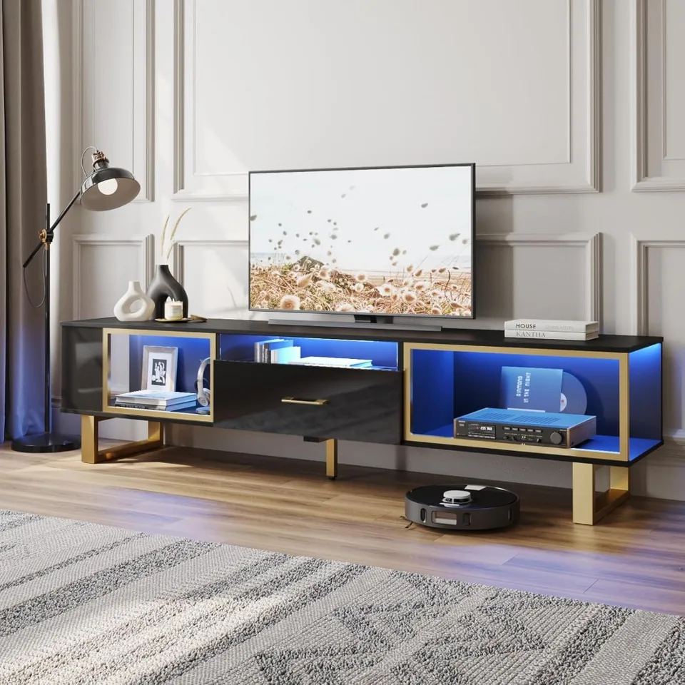 70 -palcový televízny stojan pre televízor 75/77/80 palca, LED Gaming Entertainment Center s otvoreným úložným priestorom a zásuvkou