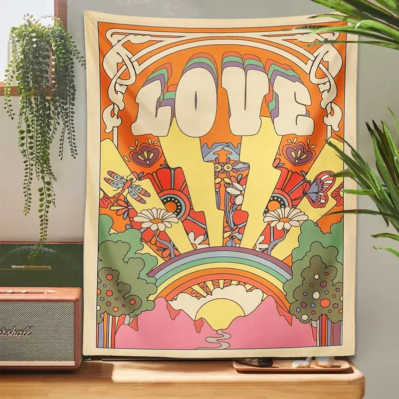 70. roky retro tapiséria Vintage láska Sun Rainbow Wall Art Tlač rastlinného kvetinu psychedelický hippie stena obývacia izba spálňa domov dekor
