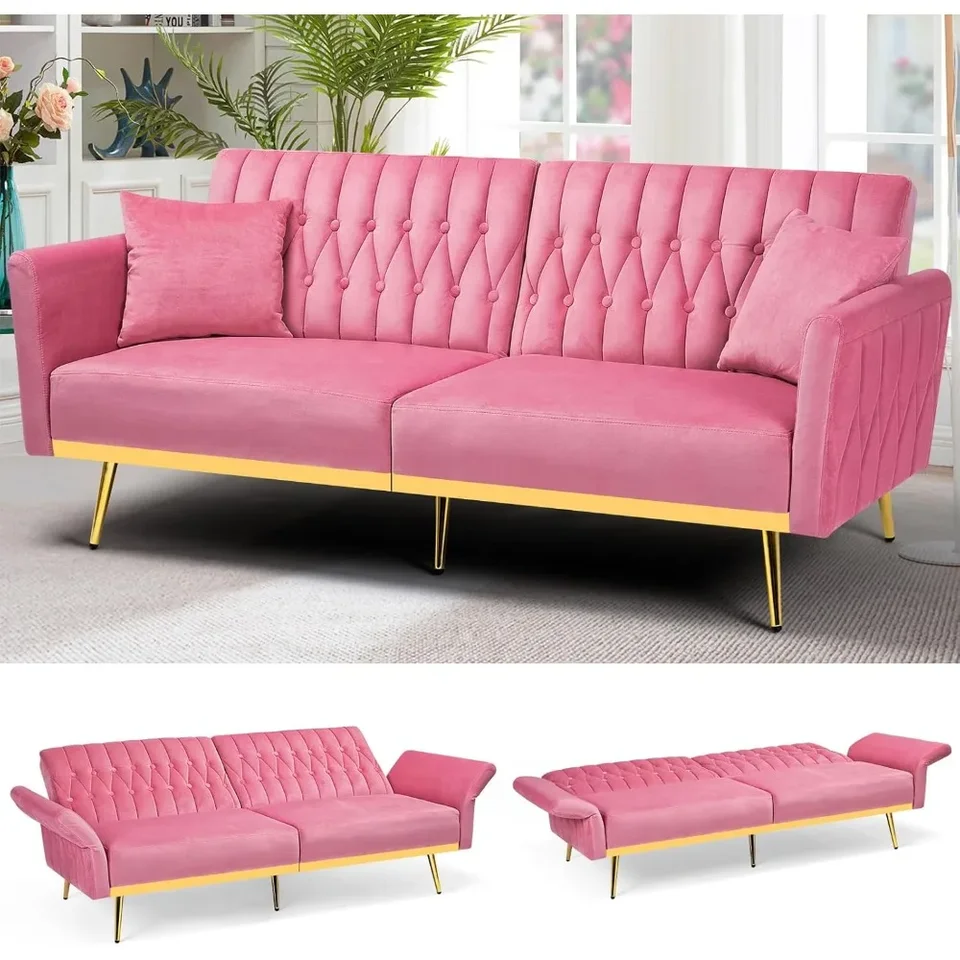 70 ”Velvet Futon Sofa Bed s 2 vankúšmi a nastaviteľnými lakťovými opierkami, kabrioleta spiacej postele, moderná láskavosť pre obývaciu izbu