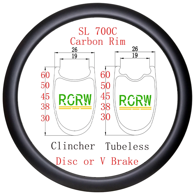 700C SL Road Carbon RIM 30x26 38x26 45x26 50x26 60x26 Široký 26 mm hlboký 30 38 45 50 60 mm disk alebo V Rim Brake 16 18 20 21 24 28 32H