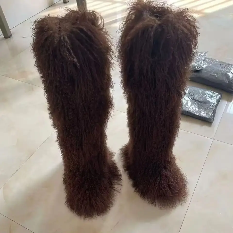 72 cm módne zimné teplé vysoké topánky nadýchané mongolské jahňacie kožušina Over-the-the-the Outdoor Snow topánok Ženy dlhé mongolské kožušinové topánky