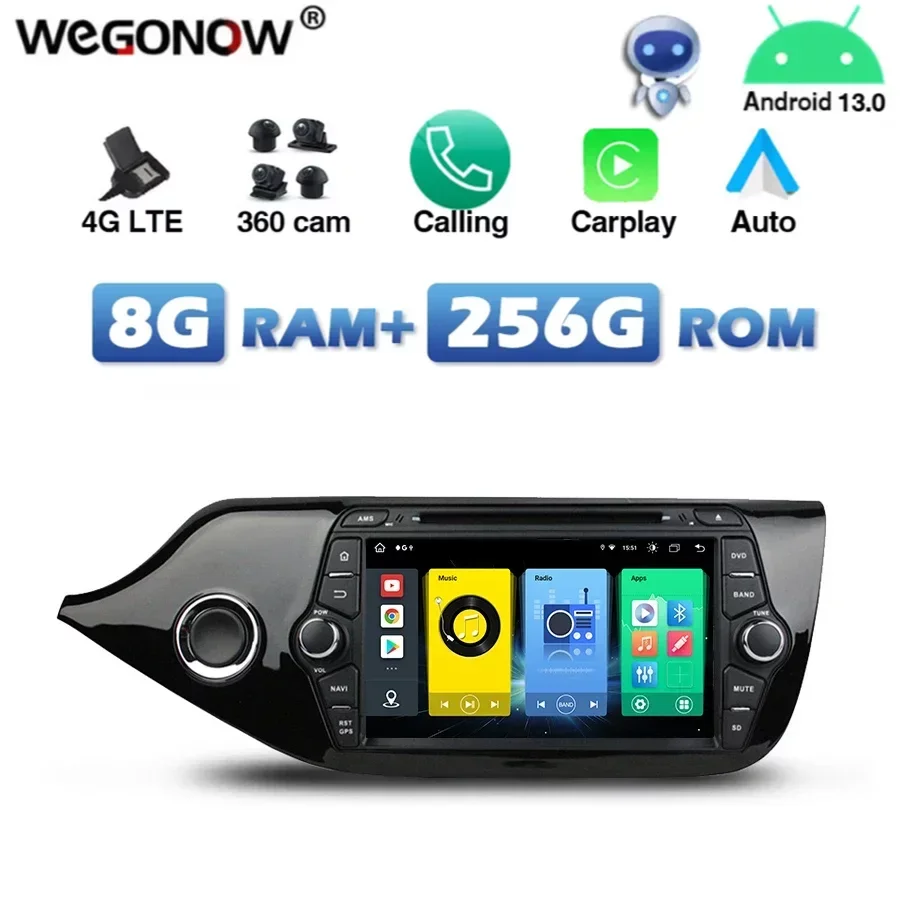 720p 4G SIM Car DVD Player DSP CarPlay Auto Android 13.0 256G+8G 8Core Bluetooth WiFi GPS Mapa RDS Radio pre KIA CEED 2013 -2015