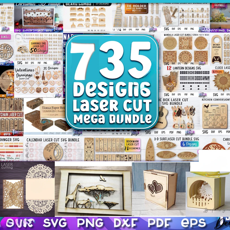 735 Laser Cut Designs Vector Toy Gift Decoration Art Files Bundle SVG DXF EPS Formát