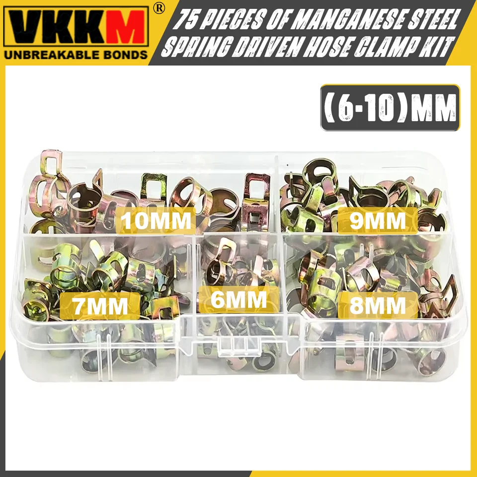 75 kusov 6-10 mm, 90 kusov 6-16 mm mangánovej oceľovej pružinovej svorky, ktorá je vhodná pre potrubia a automobily