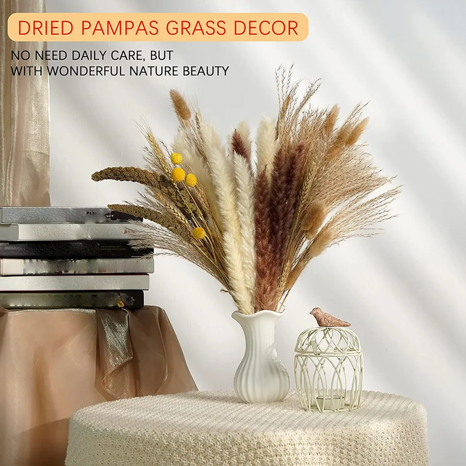 75ks Prírodné vysušené bambasové dekorácie, 17 palcov Reed & Bunny Tails & Wheat Sheaves & Billy Ball & Millet Grain, pre svadobné boho
