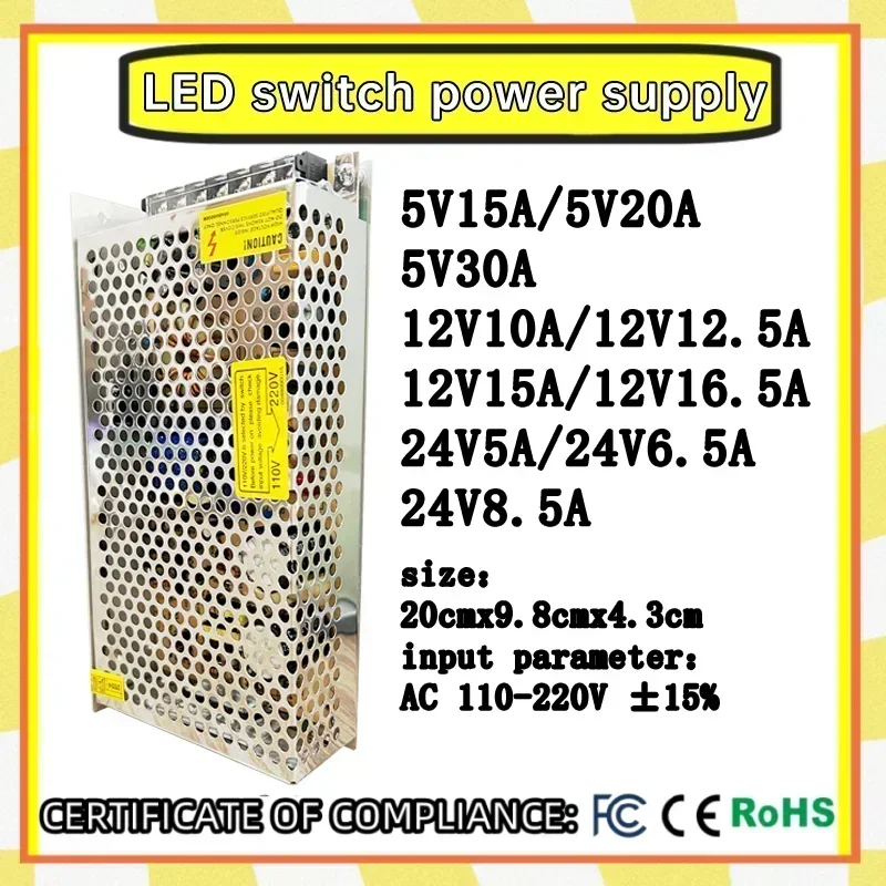 75W-200W 220V AC až 5V 12V 24V DC Spínací napájací zdroj 15a 20a 30a 10a 6.5a 5a adaptér, prepínanie transformátora LED transformátor
