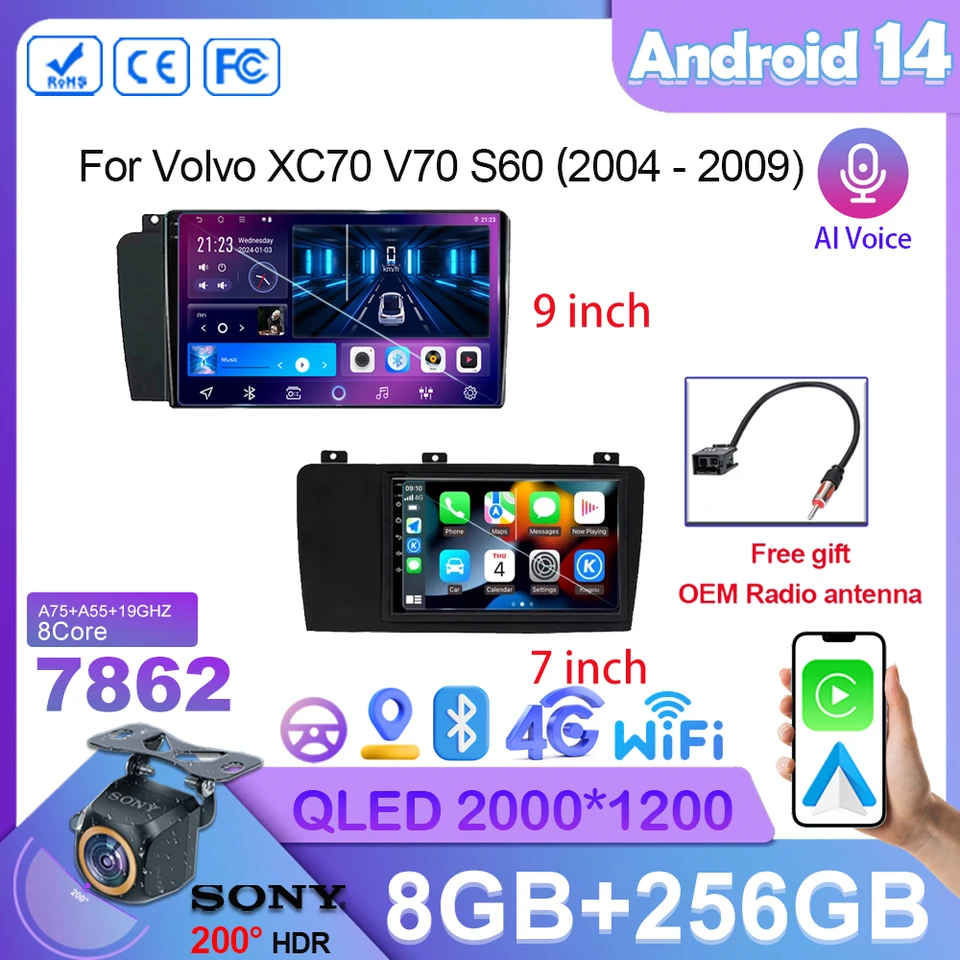 7862 CPU pre Volvo XC70 V70 S60 2004 - 2009 Android 13 DVD Auto rádio Stereo Multimedia Player GPS Navigácia NO 2DIN DVD