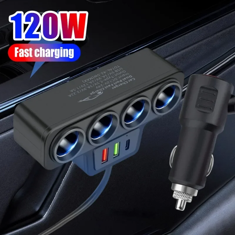 7in1 nabíjačka adaptéra cigariet 12v/24v 4-storočie Cigaret Lighter Adapter 120W 3,1A USB+qc3.0+PD3.1A nabíjačku automobilov