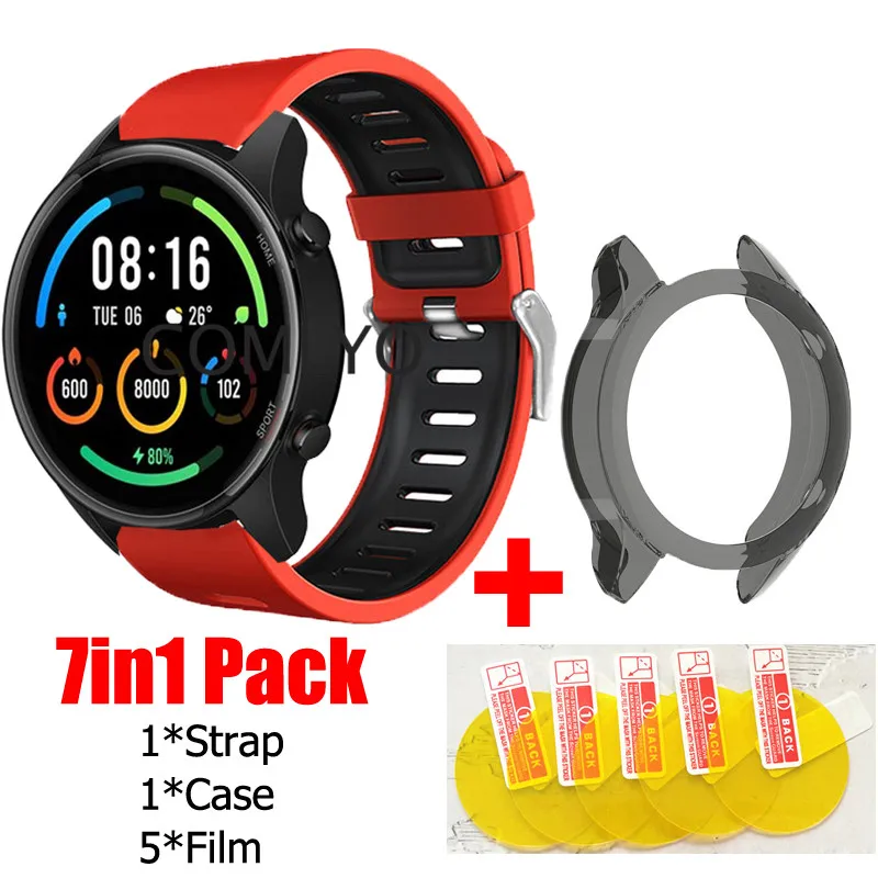 7in1 Silikónová skupina pre Xiaomi Mi Smart Watch Color Sports Strap Racelet náramok náramok XMWTCL02 TPU Case Cover Screen Protector FLIM FLIM