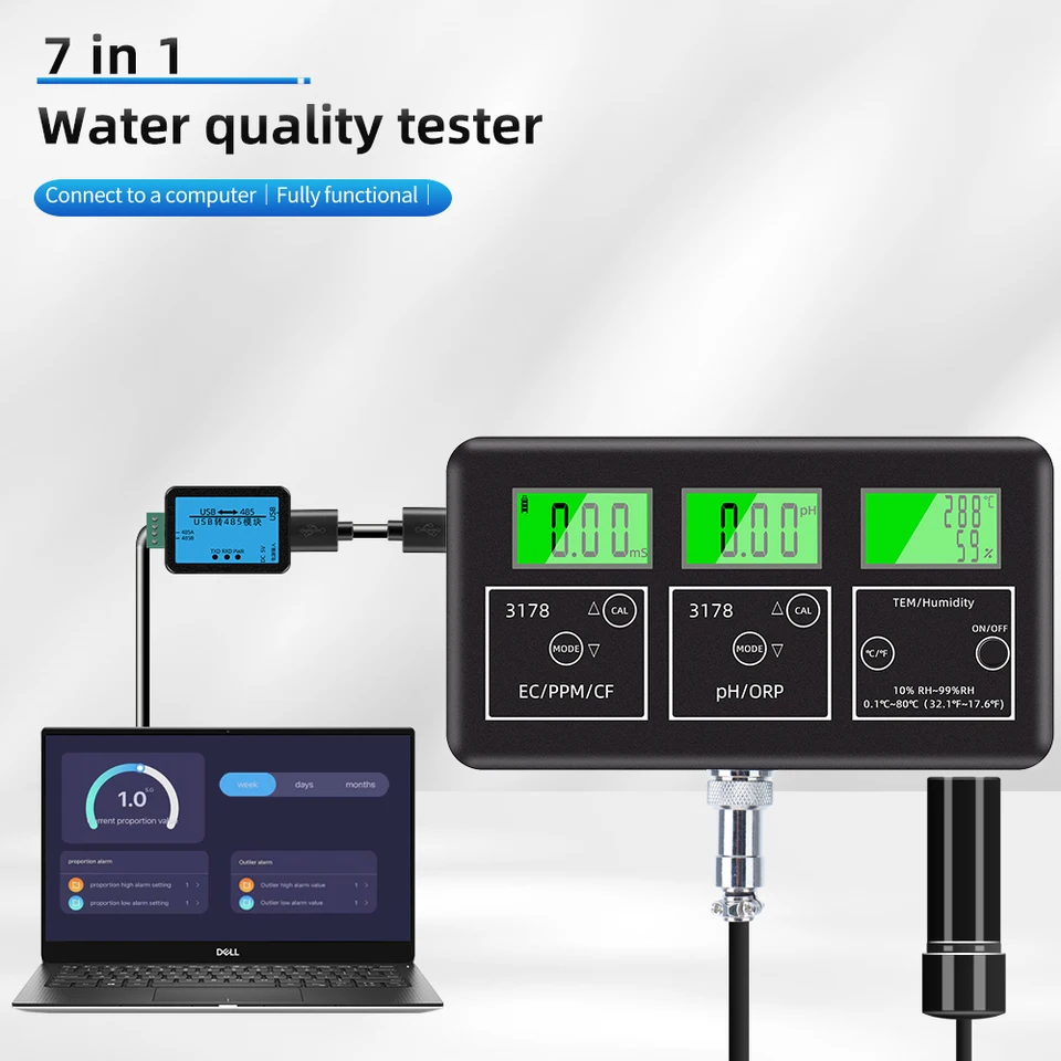 7in1 Tester kvality vody Analyzátor vody EC/TDS/CF/PH/ORP/Vlhkosť/TEMPREM MURE S RS485 až USB 24 hodín online Monitor