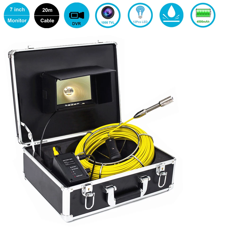 7inch monitor LCD kanalizačný kanalizačný rúrkový endoskop Inšpekčný systém 23 mm 20M Piopel CCTV Priemyselná kamera 12v4500 mAh batéria