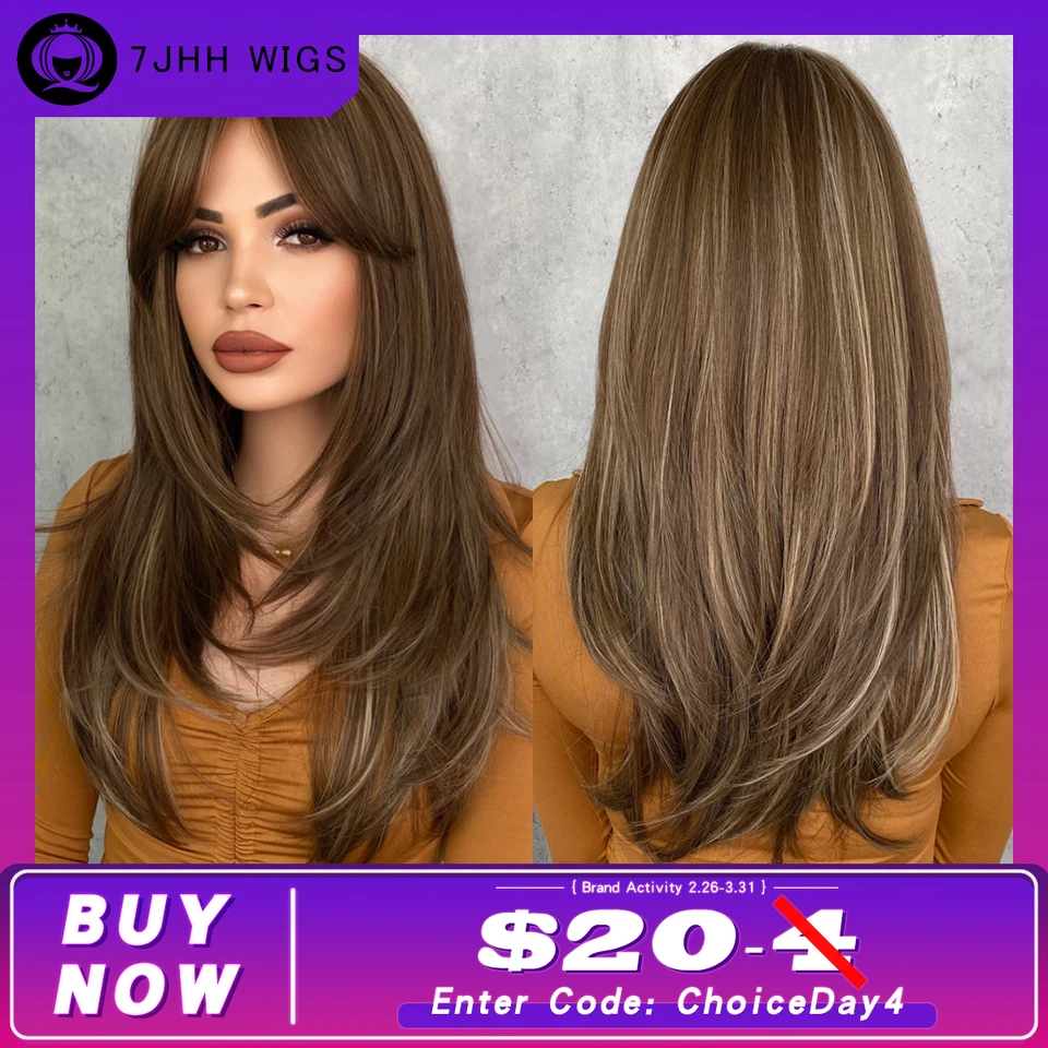 7JHH Parochne Honey Blonde Parochňa s treskami dlhé hnedé parochne pre ženy, vrstvené tepelne odolné voči syntetickým parochni na každodenné použitie