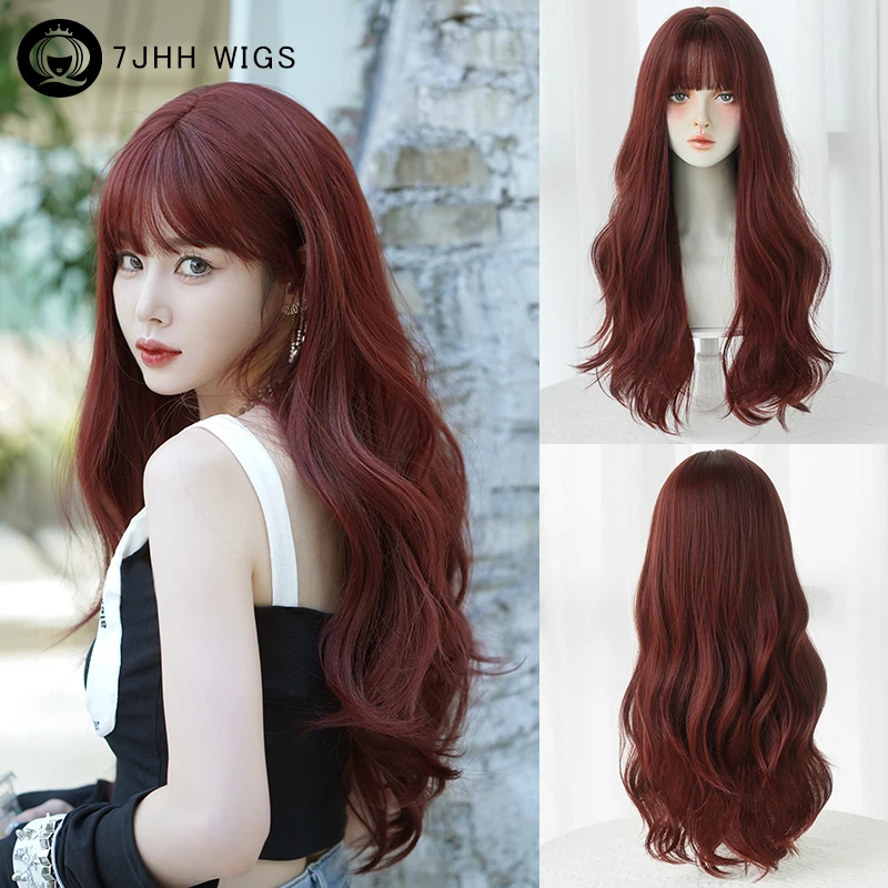 7JHH Parochne Lolita parochňa Loose Body Wavy Wine Red Parochňa pre ženy Denná večierok Syntetická vlna Vlasy Vlasy s čistými ranami