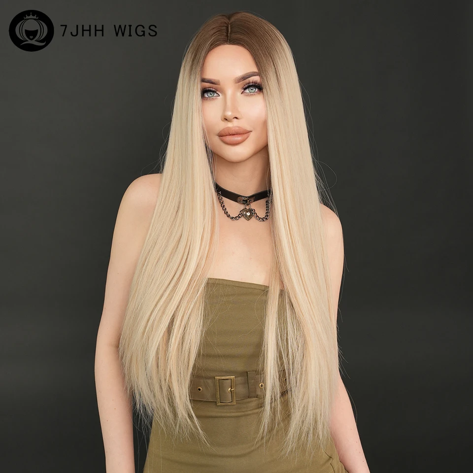 7JHH Parochne Syntetická blondínka Parochňa s tmavými koreňmi pre ženy Denná večierok Stredná hustota stredná časť Blonde vlasové parochne 32 palcov