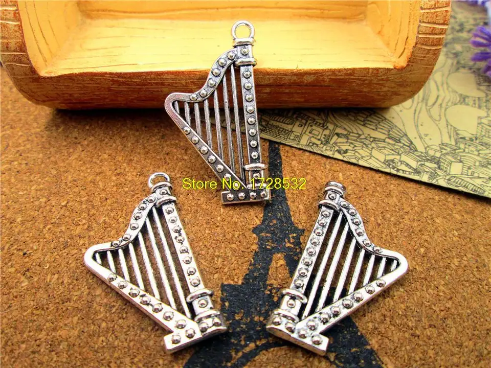 7ks-21*39MMantique Silver Harp Charms Hudobné nástroje kúzla DIY Charms prívesky