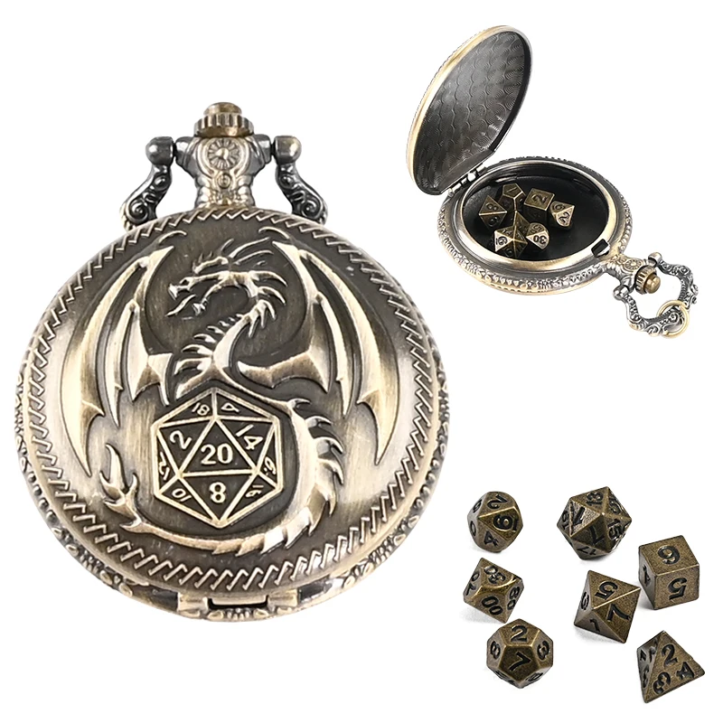 7ks DND Mini kocky set s vintage Pocket Watch Shell pre RPG, TRPG, Trailblazer, Desktop Games ， Konzolové hry D&D DICE SET