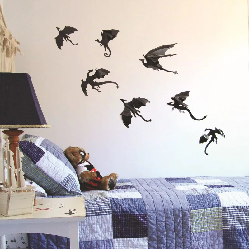 7ks/set Fantasy Halloween Fun Wall Sticker pre detské izby dekorácie Dinosaurs Boys Darček 3D Dragon Wall Art Dragon Silhouettes