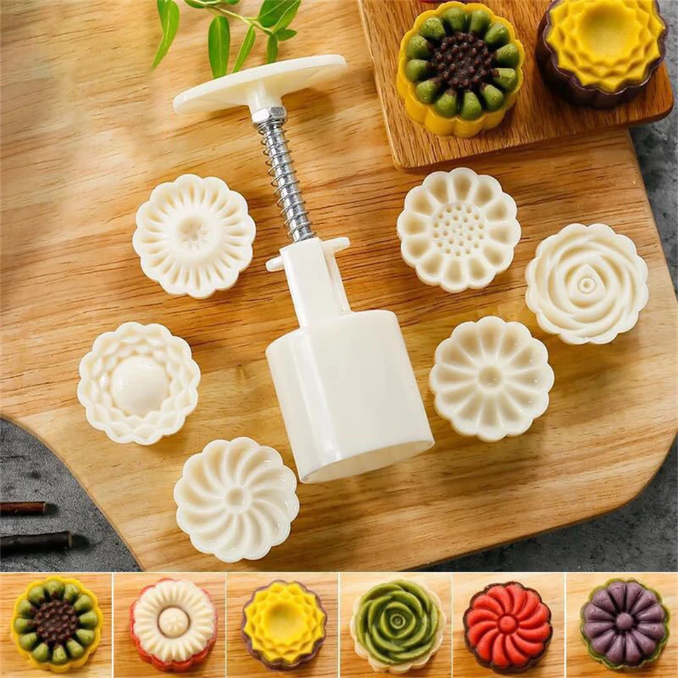 7ks/set plastová móla Mooncake Polmy ručne tlakový kvet v tvare cookie pleseň 50g DIY Pečenie nástroja