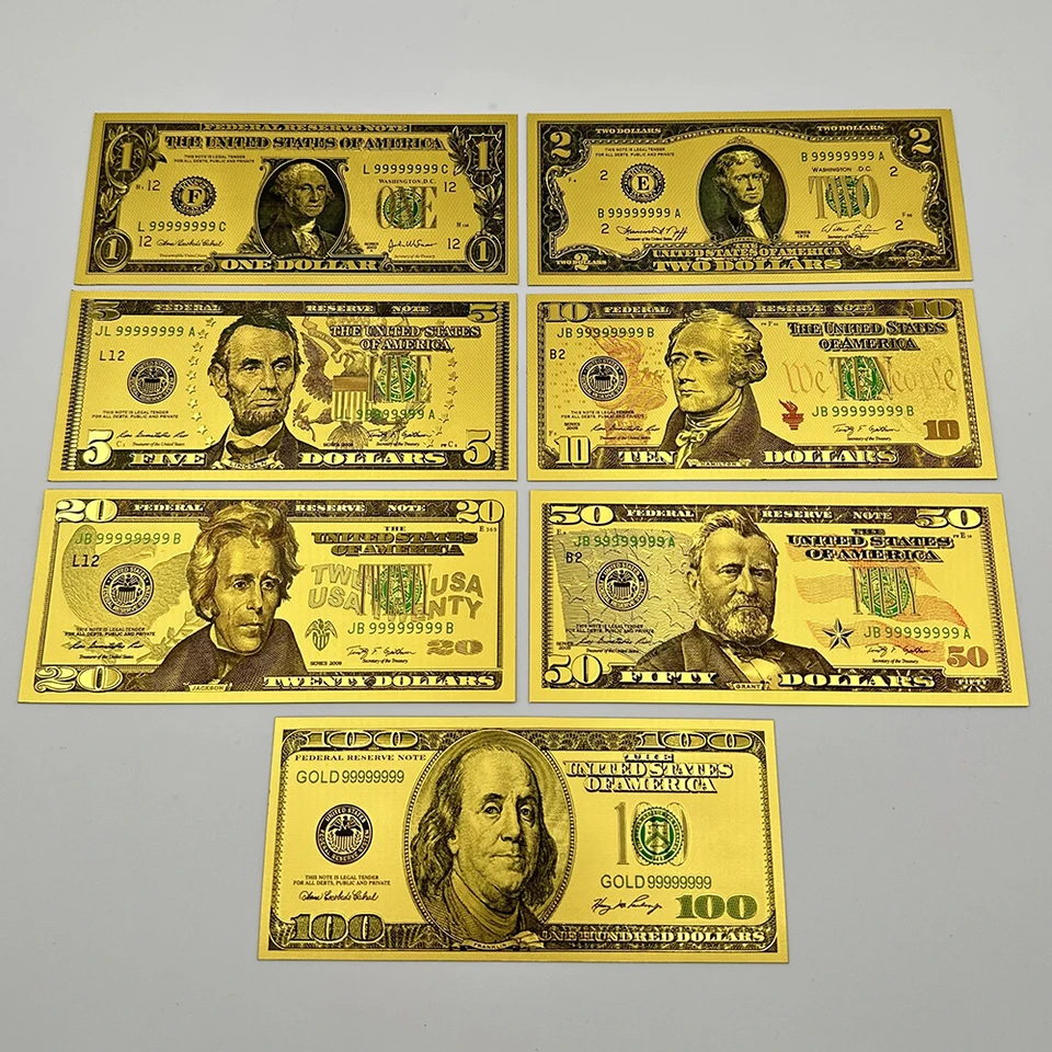 7ks US Dollar Gold BankNotes 1 2 5 10 20 50 100 Bills dolárov Peniaze Pamätné poznámky Domáce zbierka