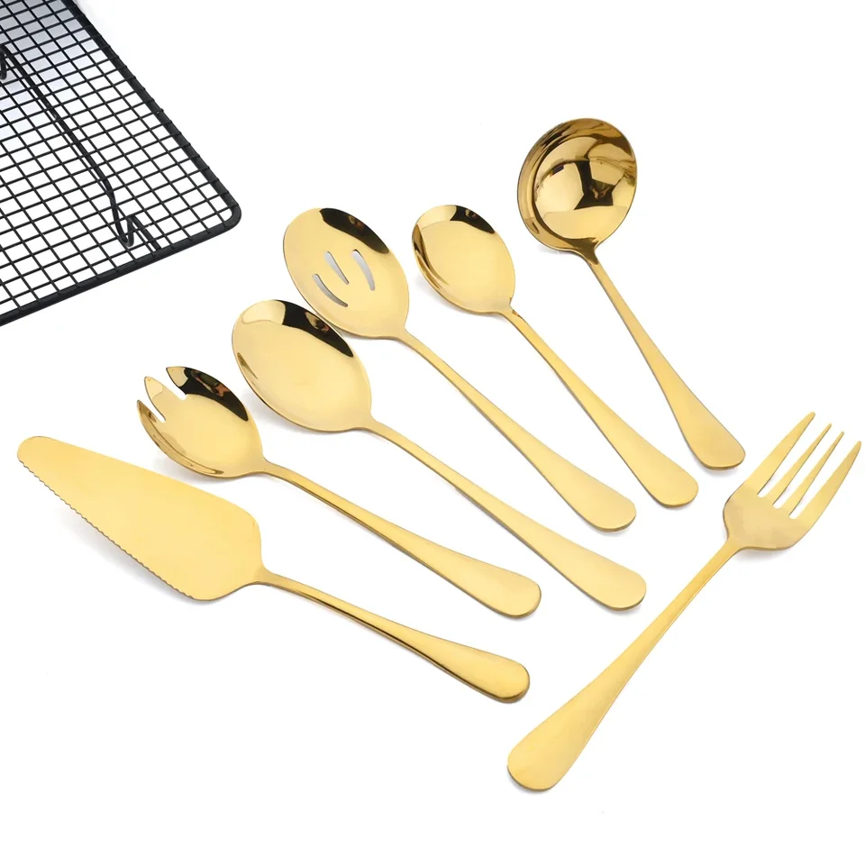 7ksový riad set z nehrdzavejúcej ocele polievková lyžica Coander Gold Spoon Service Spoon Spoon Slalad Salad Cake Cake Spattula Kitchen Home