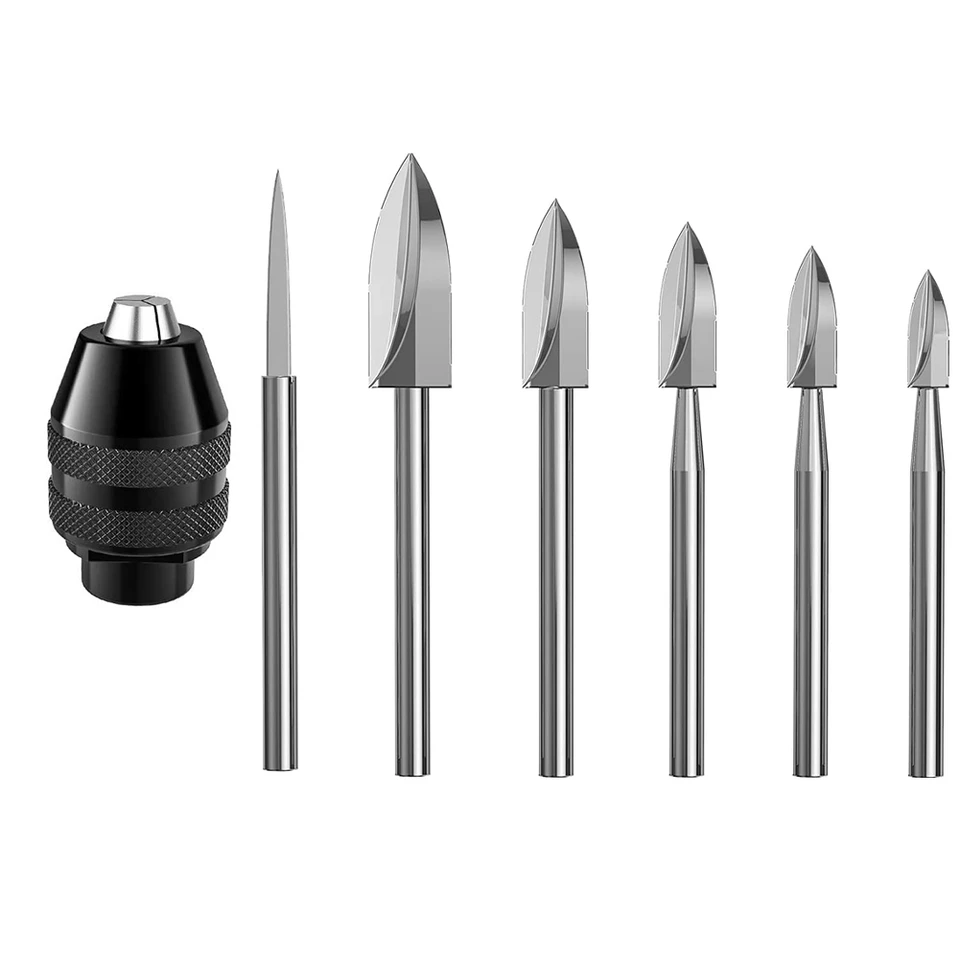 7PC Nástroje na rezbárstvo dreva, 1/8 palca Shank HSS Gravírovanie Vŕtací nástroj Drevené remeselné príslušenstvo so 4486 Chuck pre Dremel Tool