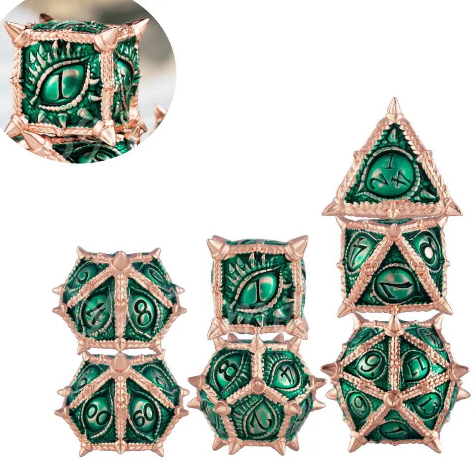 7pcs Green Metal Dices Dragon DND DICE Set pre Dungeons and Dragons Roly Hra Games Player Player DND Games RPG Dices D6 D10 D20