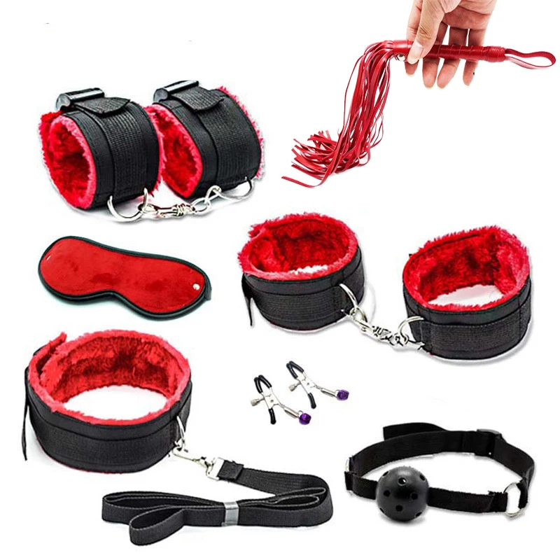7pcs Set Exotic Bed Ošliapanie nylonové chlpaté putá členkové manžety golierové lano zaviazaný rytmus šľahačky ústia bdsm sexuálne hračky páry