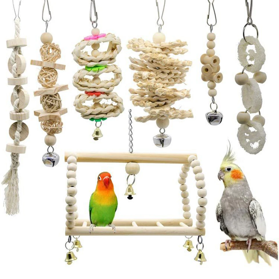 7pcs Set Kombinácia Parrot vtáčí hračky drevené články Bite Pet Hračky pre hračky pre papagájový výcvik vtákov hračky s hojdačkou guľôčkový zvonček Standi