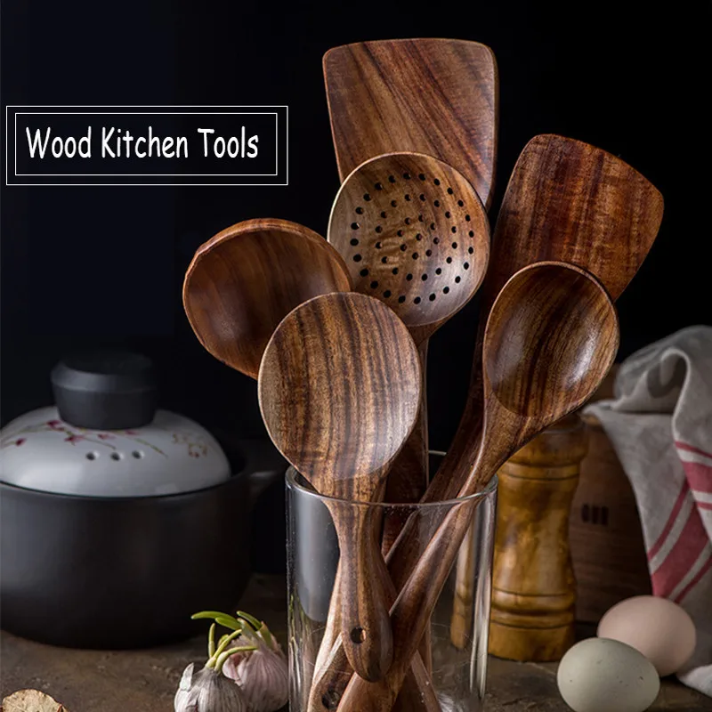7pcs Thajsko Teak Prírodné drevené lyžice sada súprav
