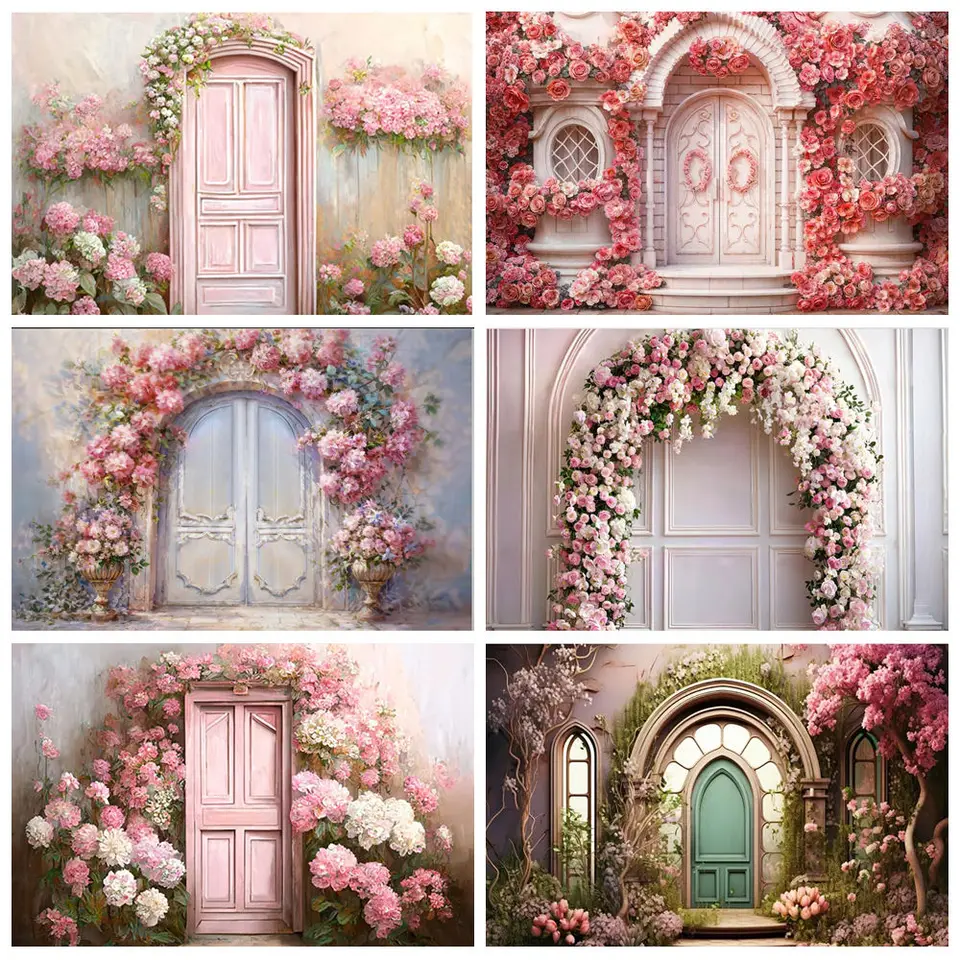 7x5ft Spring Pink Flowers Courtyard Dekorácie Fotografie Kady Zelené dvere záhrada snovo kvetinové svadobné fotografie pozadie