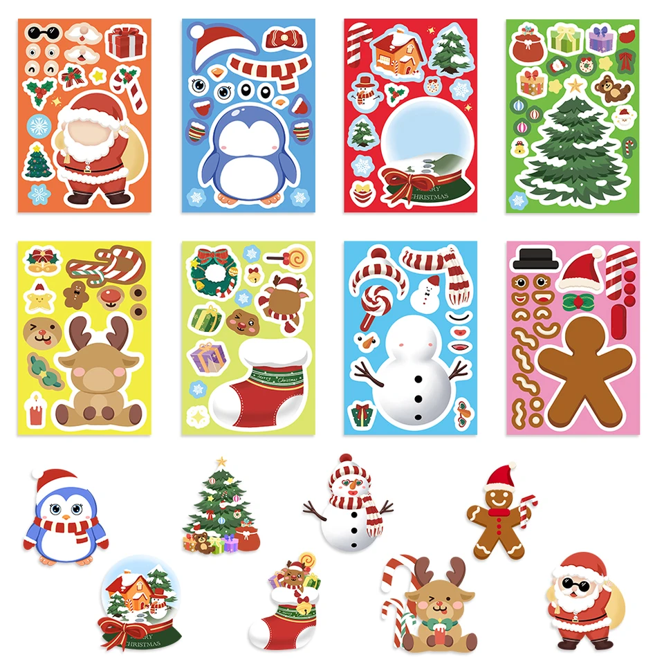 8/16/22ks vianočné nálepky na vianočné hádanky Zarobte si tvár Santa Claus DIY nepremokavé deti Jigsaw Games nálepka pre deti Detská párty