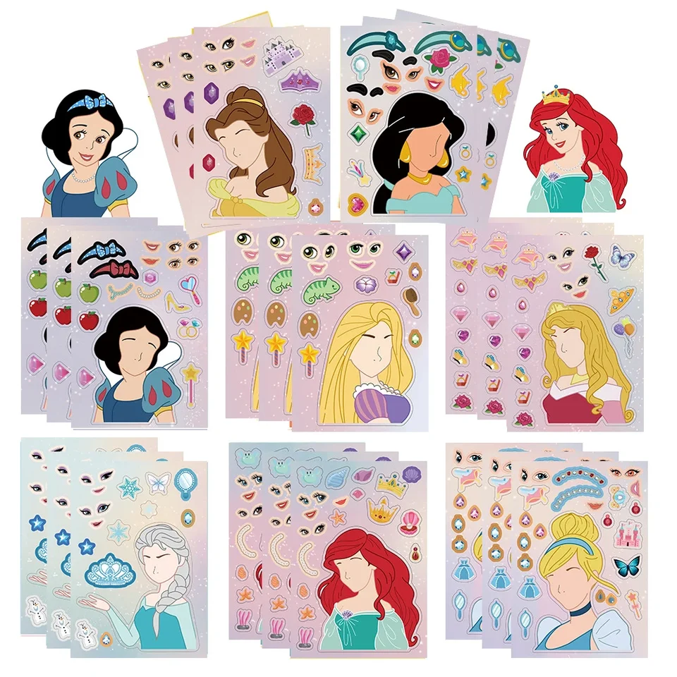 8/16 listov Disney Princess Children Puzzle Stickers Make-A-Face Funny Zhromaždenie Jigsaw pre domácich majstrov kreslených nálepiek pre deti Vzdelávacie hračky