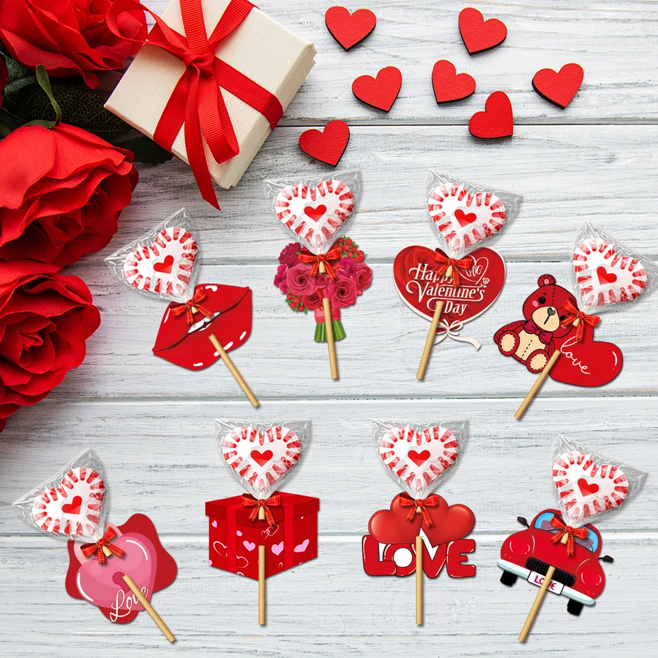 8/16ks na Valentína Lollipop papierové karty cukrovinky držiak červené pery Srdce kvetina tvar DIY candy balenie balíka Valentína