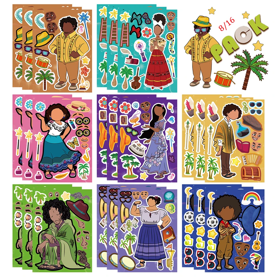 8/16Sety Disney Encanto Puzzle Stickers Make-A-Face Deti Zhromaždenie Jigsaw Educational Toys Party uprednostňuje pre deti dievčat