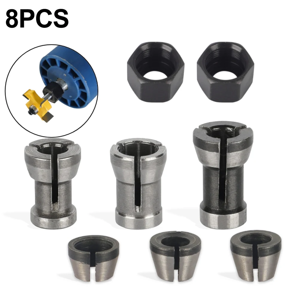 8/6ks uhlíkový oceľový hriadeľ rukáv Router Bit Woodworking Fletter Cutter 6/6,35/8 mm pre koncový mlyn na rezačku karbidu na drevo bit bit