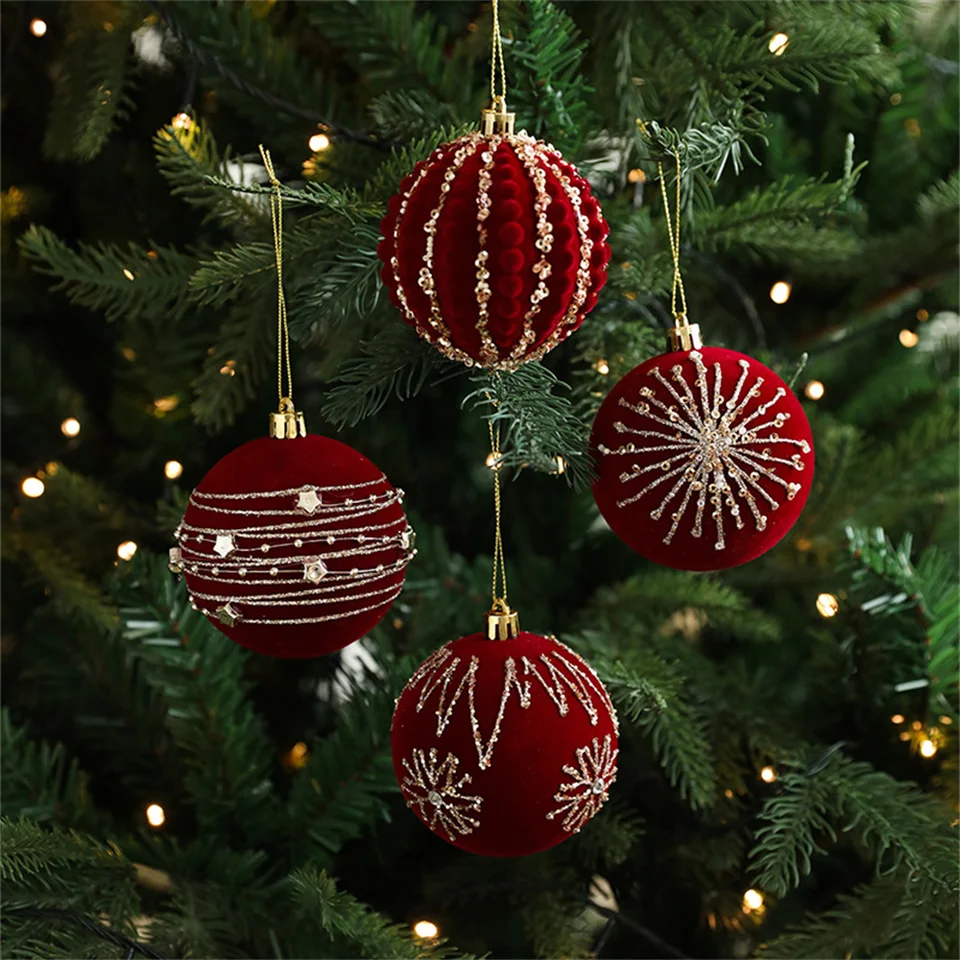 8 cm Burgundsko Flocked vianočný strom guľa Vianoce Tree Závesné ozdoby lepivé flocinové zamatové loptičky prívesok