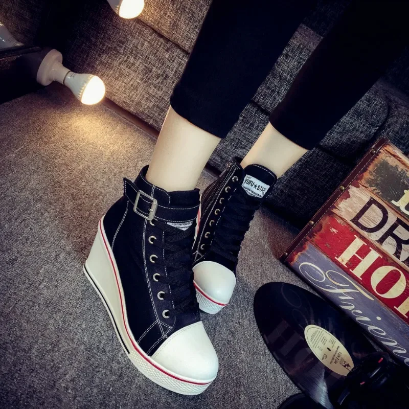 8 cm jesenná kvalita dámsky plátno kliny topánky High Top Pumps Príležitostné topánky Ženská výška Platforma Dámske dámske plátno topánky