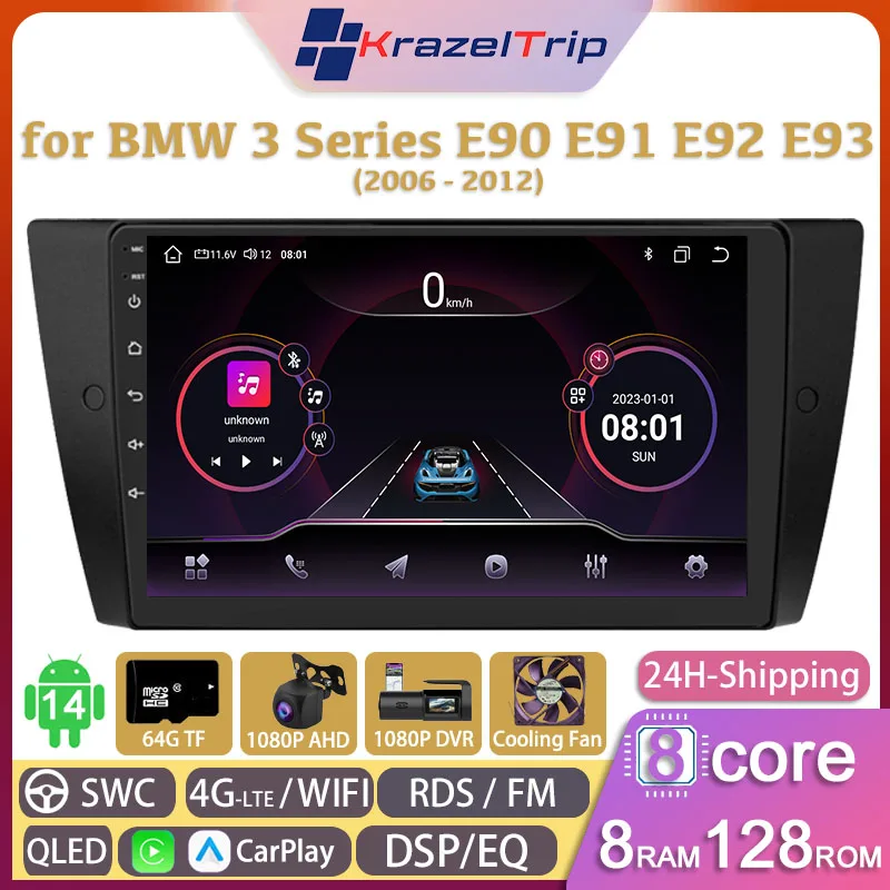 8 Core Car Radio Stereo pre BMW 3 Series E90 E91 E92 E93 2006 - 2012 CarPlay Andriod Auto QLED GPS NAVI 2 DIN 4G AUDIO WIFI Fan Fan Audio