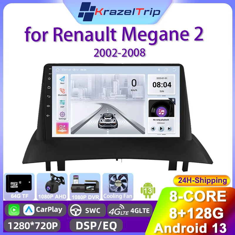 8 Core Car Radio Stereo pre Renault Megane 2 2002 - 2008 CarPlay Andriod Auto Qled GPS Navi Autoradio 4G Video Player Fan Fm Am