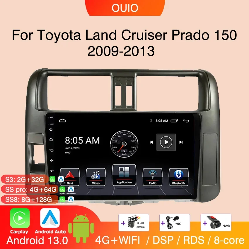 8 GB+128 GB Android 13 Rádio pre Toyota Land Cruiser Prado 150 2009-2013 Stereofónny multimediálny hráč CarPlay Auto GPS navigáciu