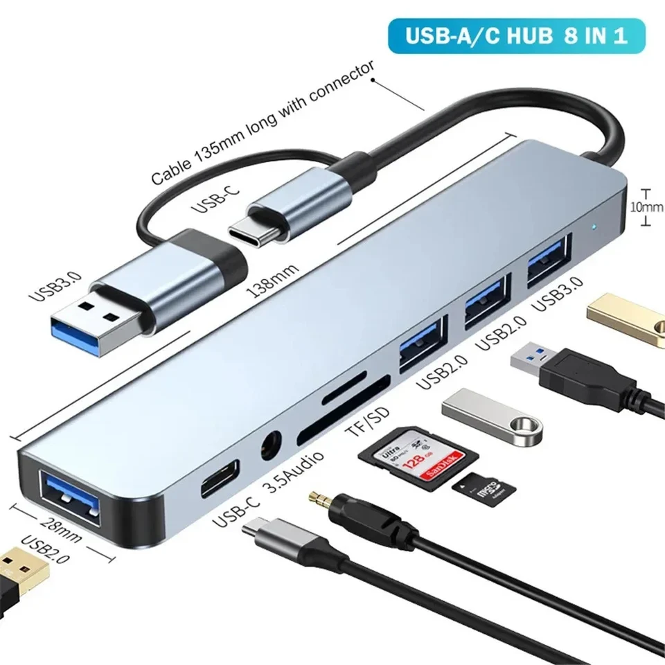 8 In 1 Port USB C Expander USB 3 Hub Typ C Splitter Typ C Dock Multimor Adapter USB Expander pre tablet Xiaomi Tablet