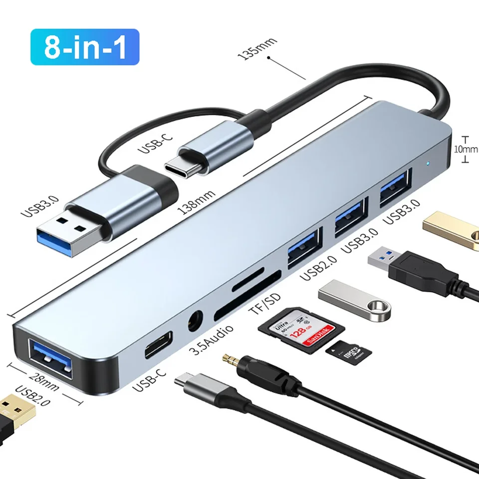 8-in-2 USB HUB 3,0 USB C HUB DOCK Station 5 GBPS vysokorýchlostný prenos USB TYPY C do adaptéra USB OTG pre MacBook Pro
