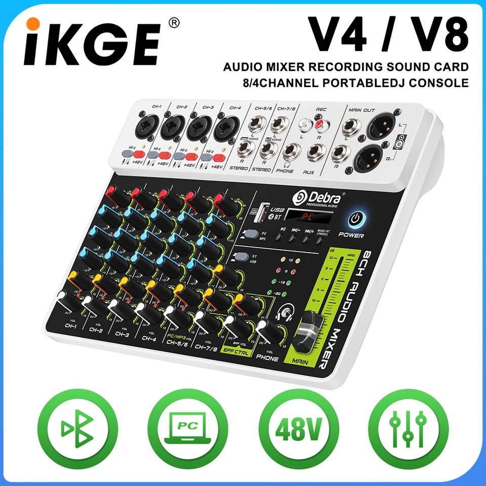 8-kanálový zvukový mixér DJ Console s Bluetooth 5.0 48V Phantom Power Delay Replay Effects pre karaoke, PC Nahrávanie PC, PC Nahrávanie